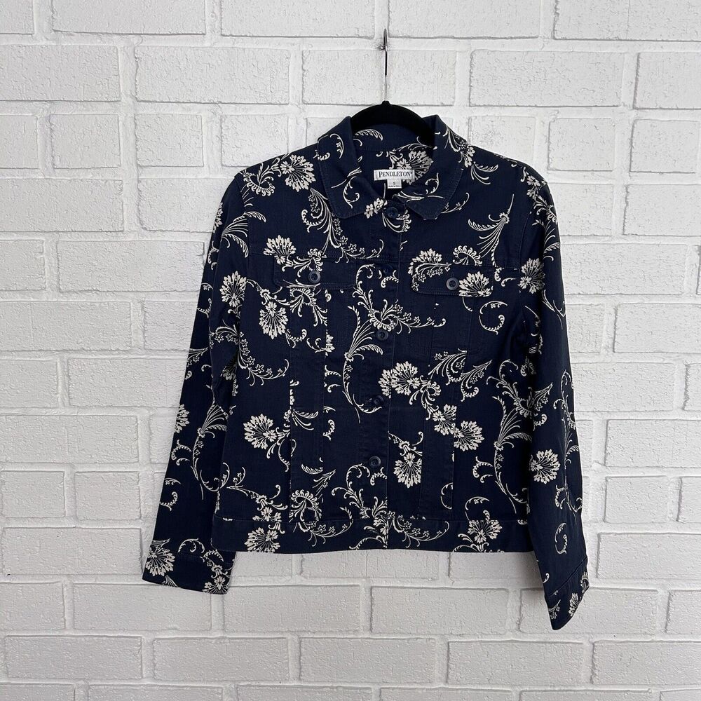 Vintage Pendleton Blazer Blue Floral Print Womens Small Cotton Spandex Pockets